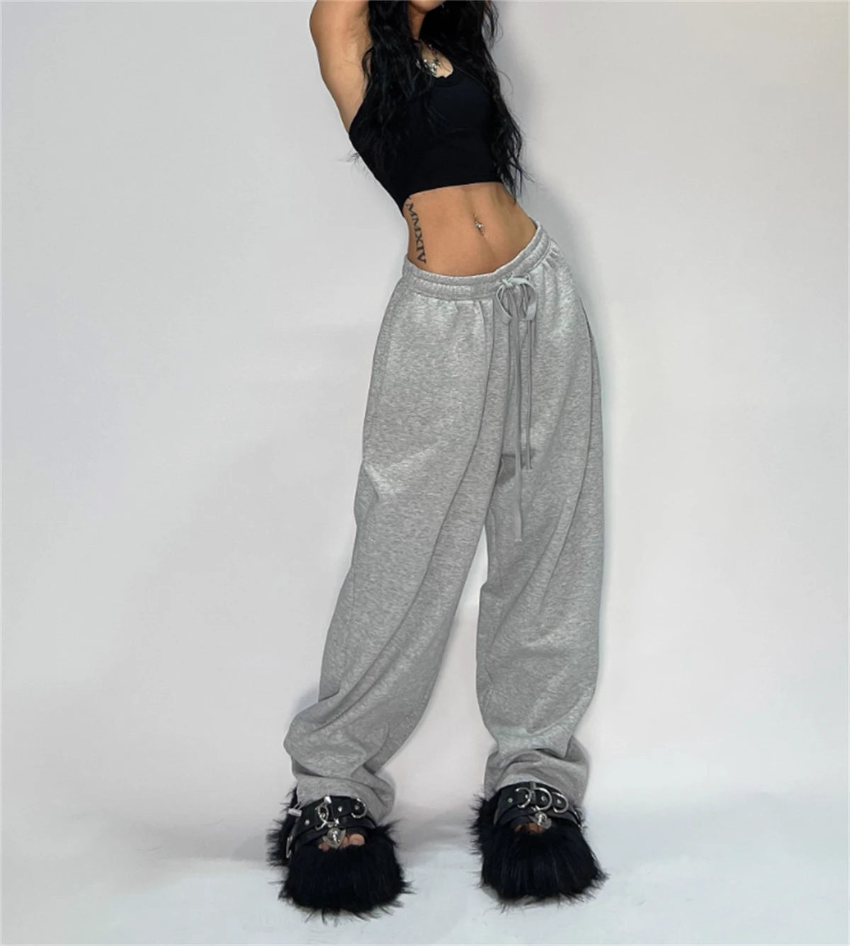 Casual Solid Sweatpants - High Waist Lace Up Loose Joggers
