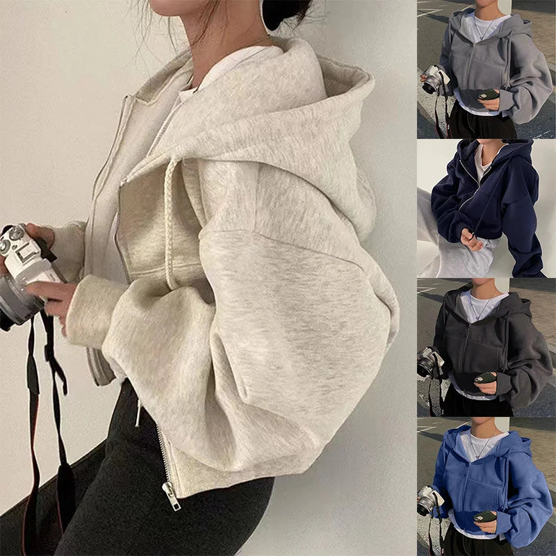 Fleece-lined Cropped Zip-up Hooded Sweatshirt