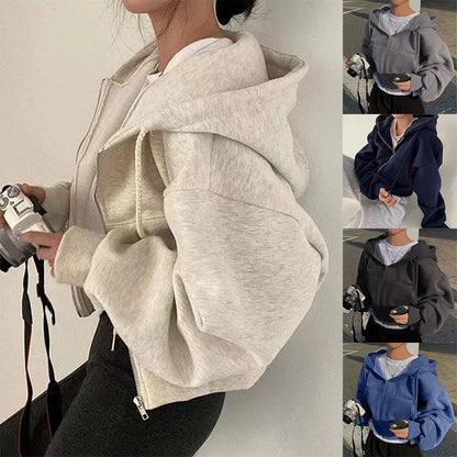 Fleece-lined Cropped Zip-up Hooded Sweatshirt