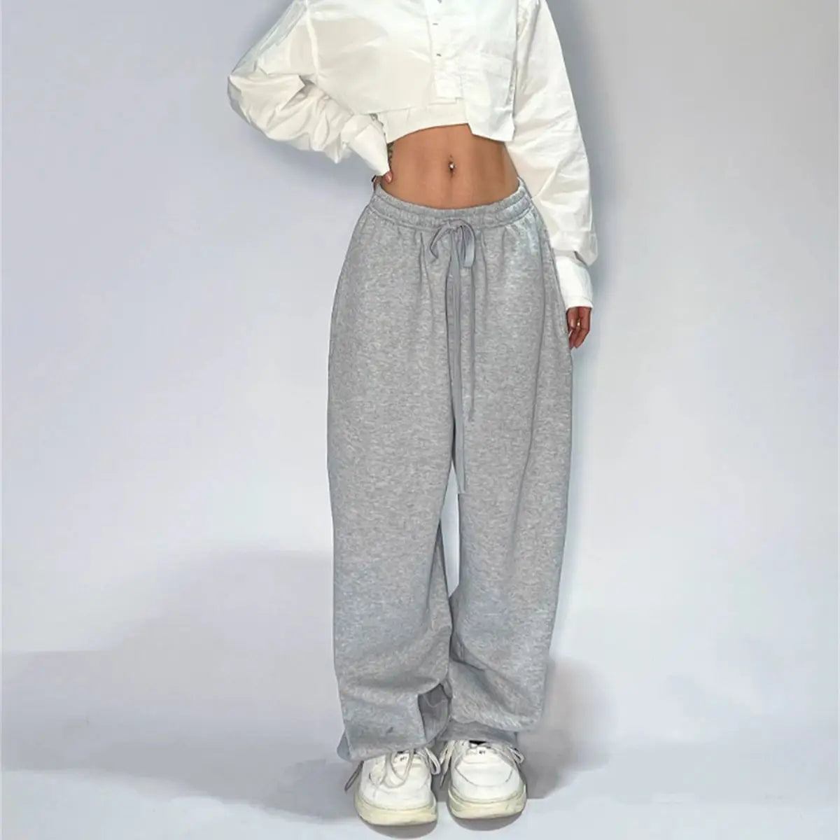 Casual Solid Sweatpants - High Waist Lace Up Loose Joggers