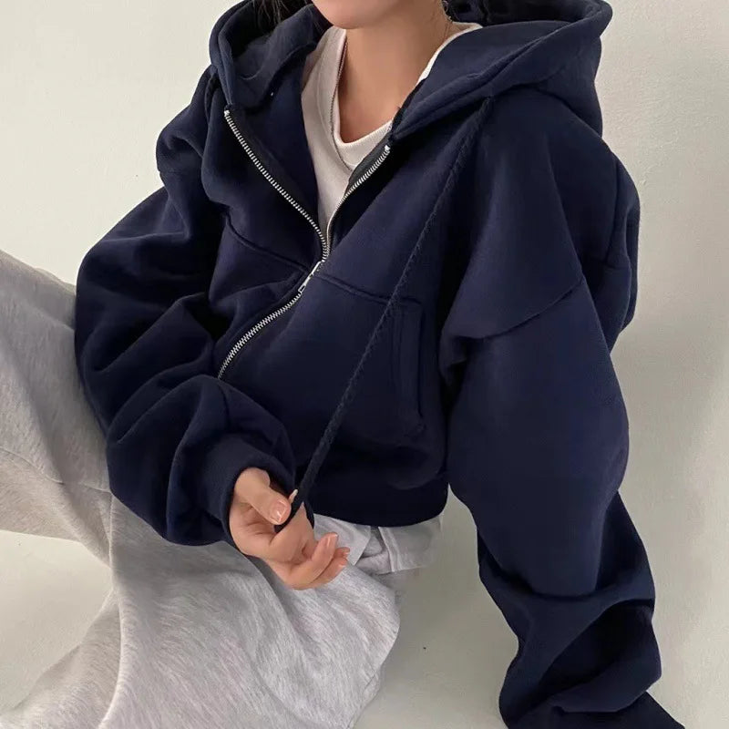 Fleece-lined Cropped Zip-up Hooded Sweatshirt