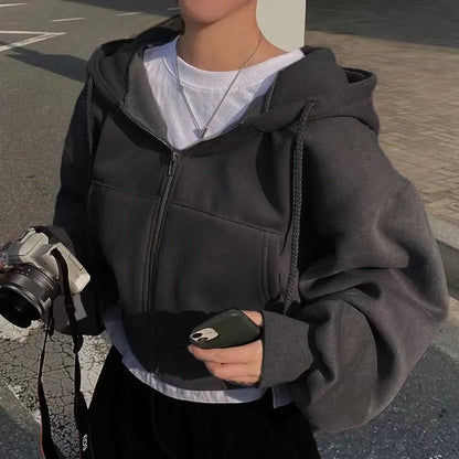 Fleece-lined Cropped Zip-up Hooded Sweatshirt