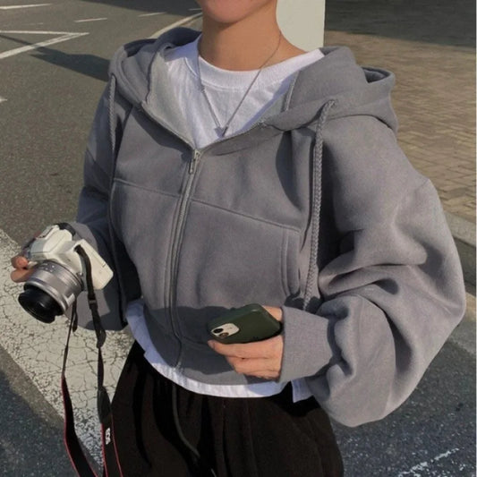 Fleece-lined Cropped Zip-up Hooded Sweatshirt