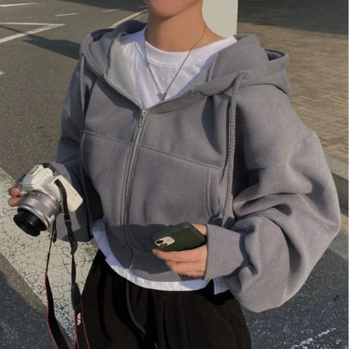 Fleece-lined Cropped Zip-up Hooded Sweatshirt