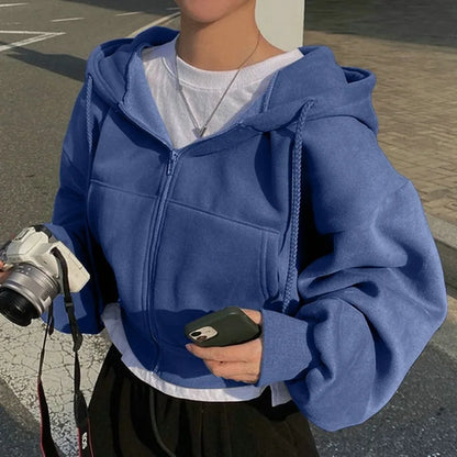 Fleece-lined Cropped Zip-up Hooded Sweatshirt