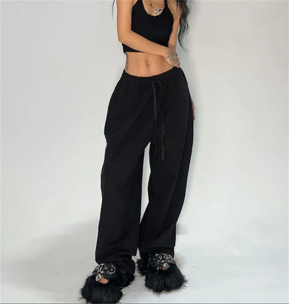 Casual Solid Sweatpants - High Waist Lace Up Loose Joggers