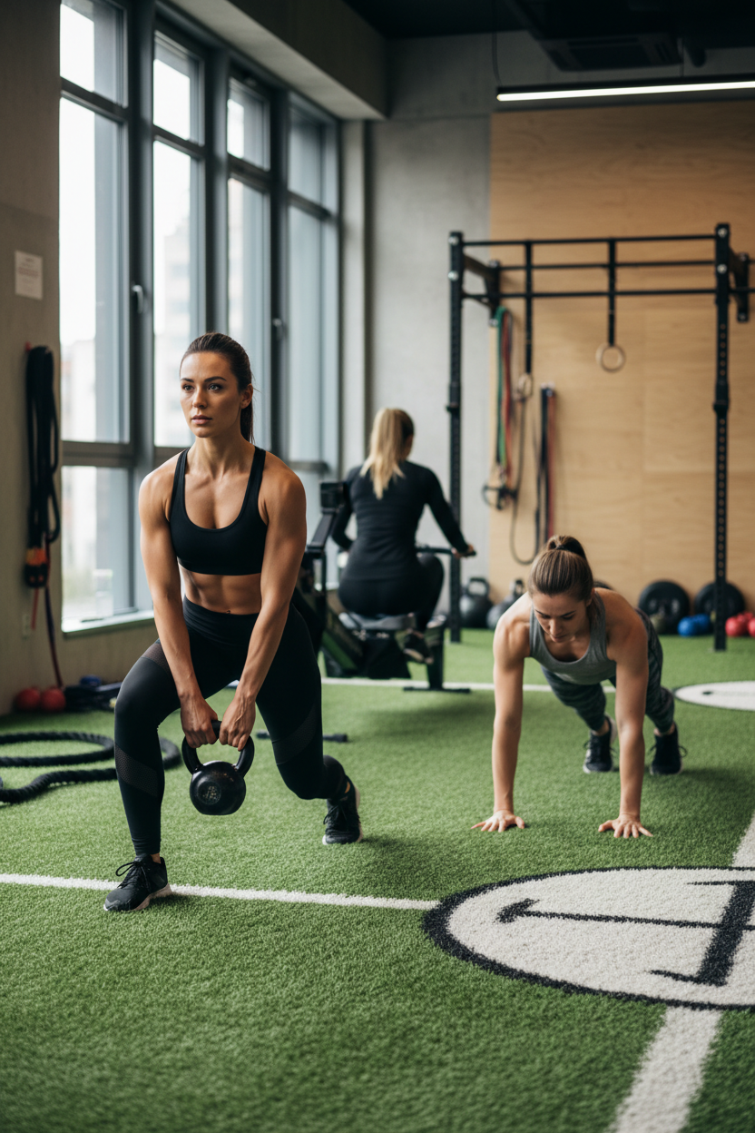 Make it a slim portrait photo of women working out in a gym with fake green grass